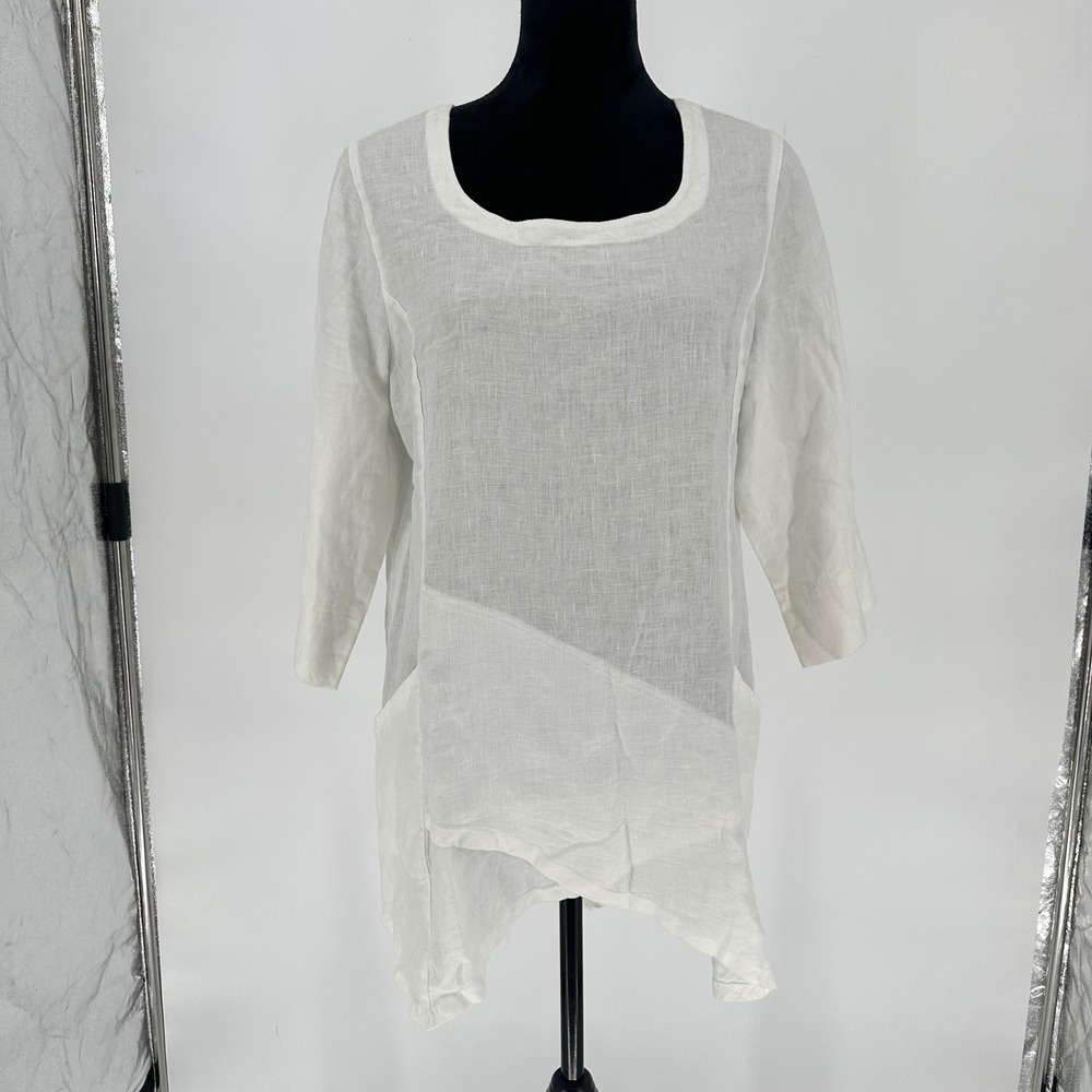 Click Color Me Cotton White 100% Linen  Asymmetrical Tunic Top Lagenlook Large‎